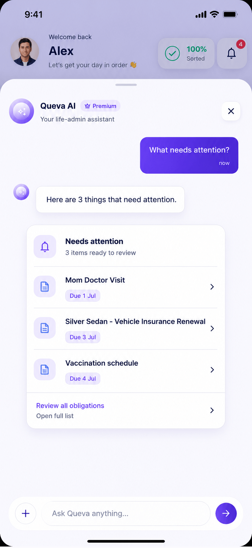 Queva AI assistant screen reviewing obligations that need attention