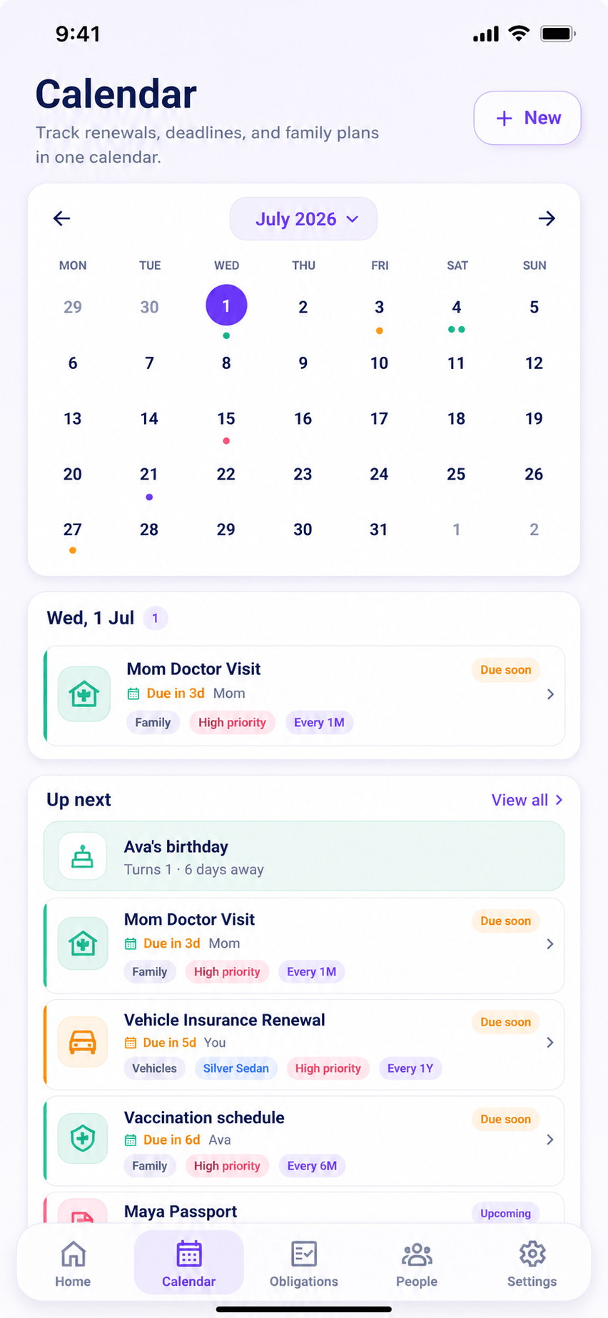 RemindQue calendar screen showing obligations organized by date