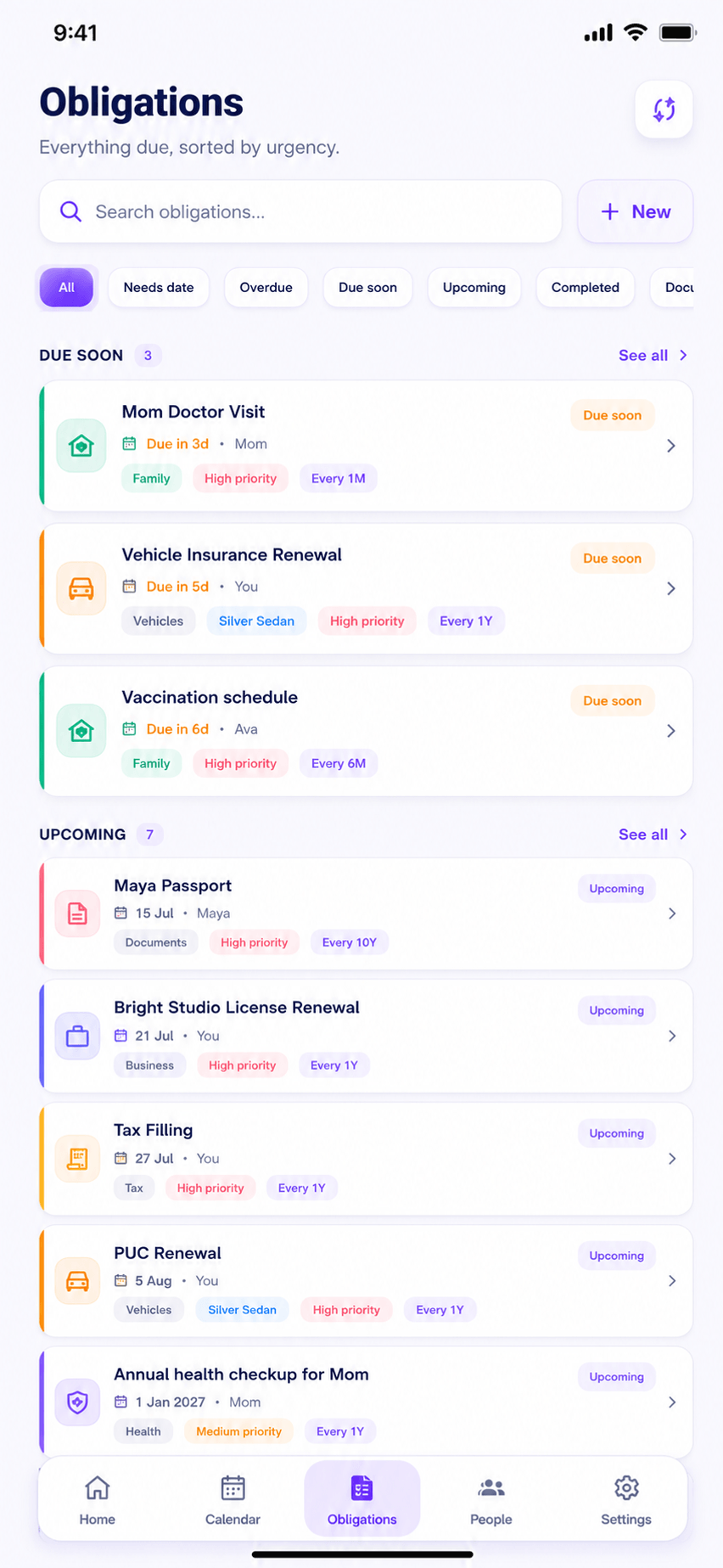 RemindQue obligations screen showing deadlines sorted by urgency