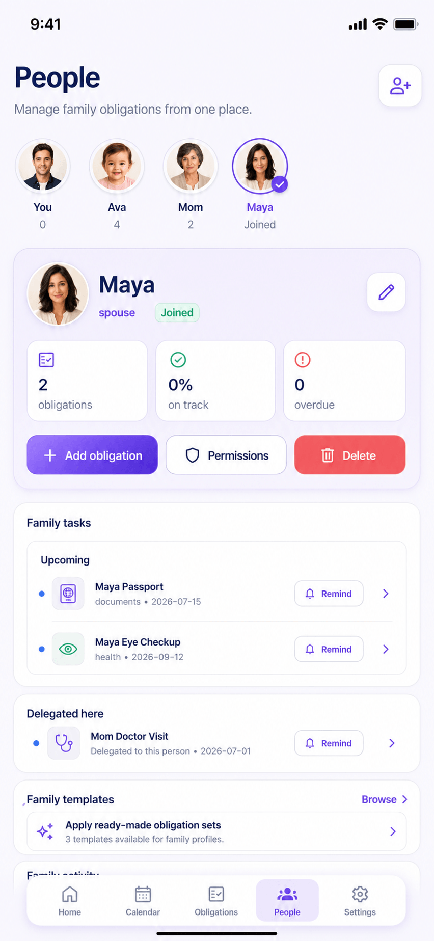 RemindQue people screen showing family obligation management